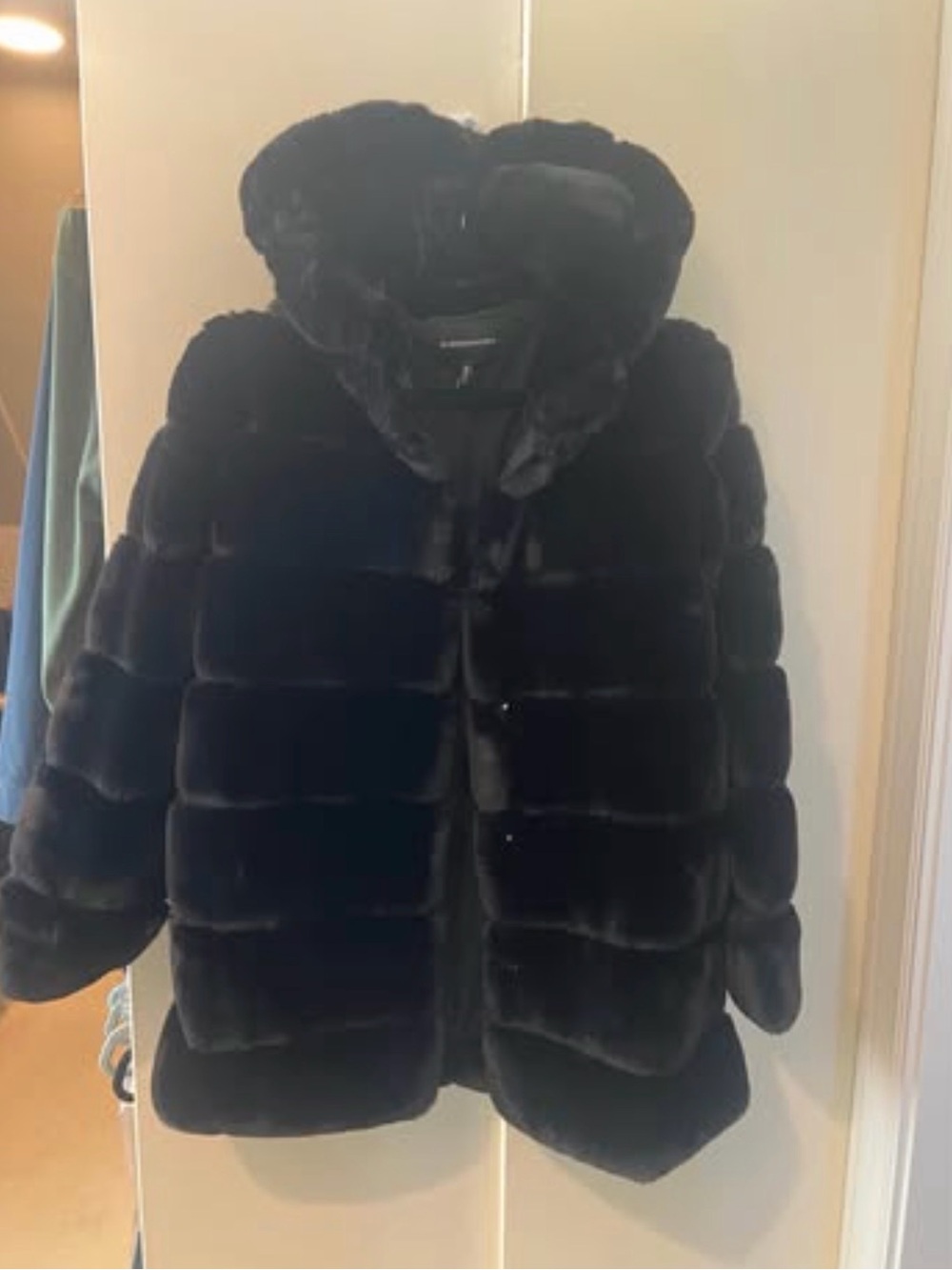 BCBGMaxAzria Black Faux Fur Hooded Coat